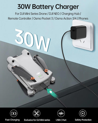 LKTOP 30W USB-C Fast Charger, 30W USB-C charger for DJI devices and phones; offers fast charging, safety protection, and exclusive compatibility with green power indicator.