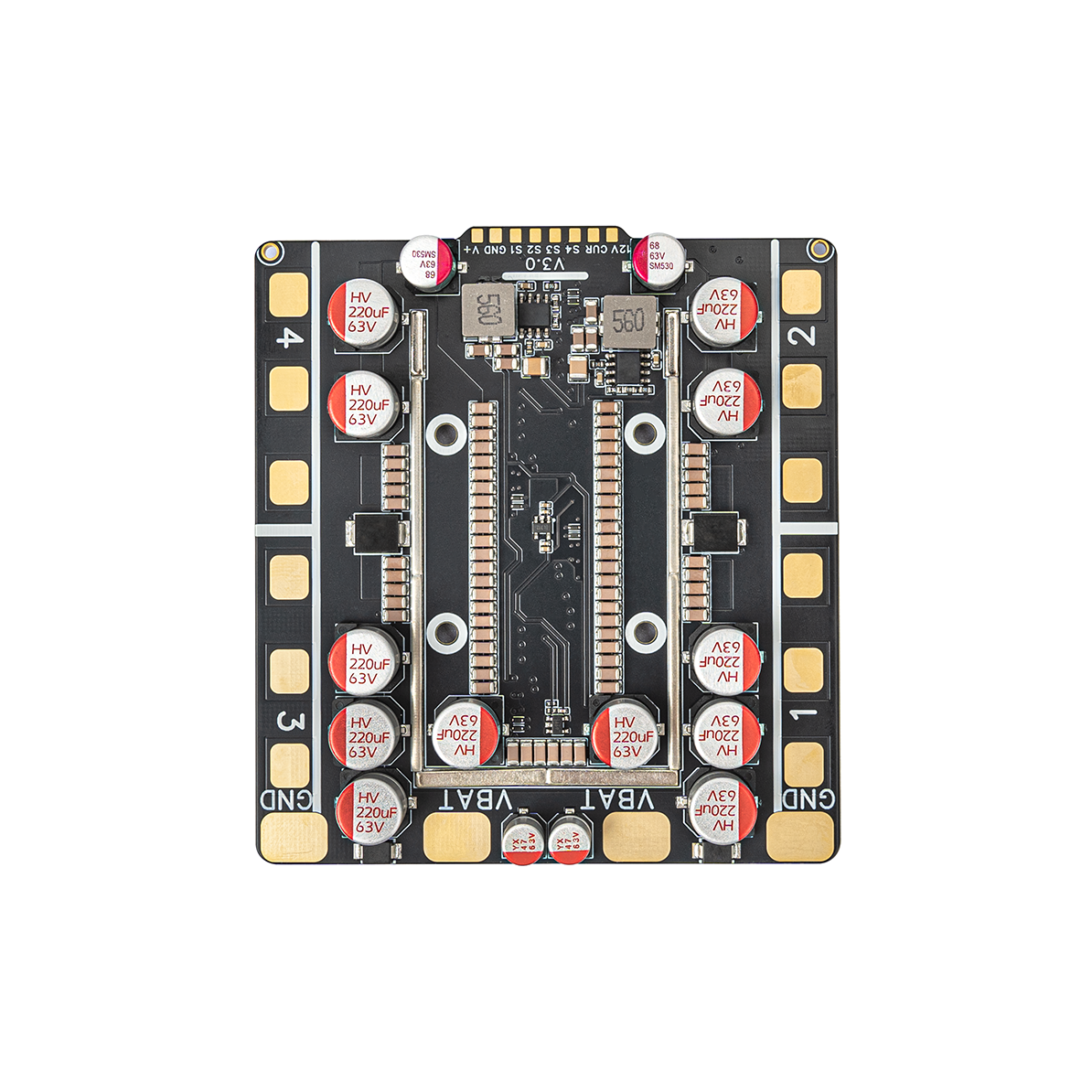 Top view of 4-in-1 drone ESC PCB with motor pads 1–4, VBAT and GND power pads