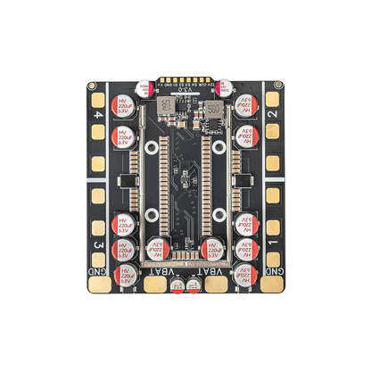 Top view of 4-in-1 drone ESC PCB with motor pads 1–4, VBAT and GND power pads