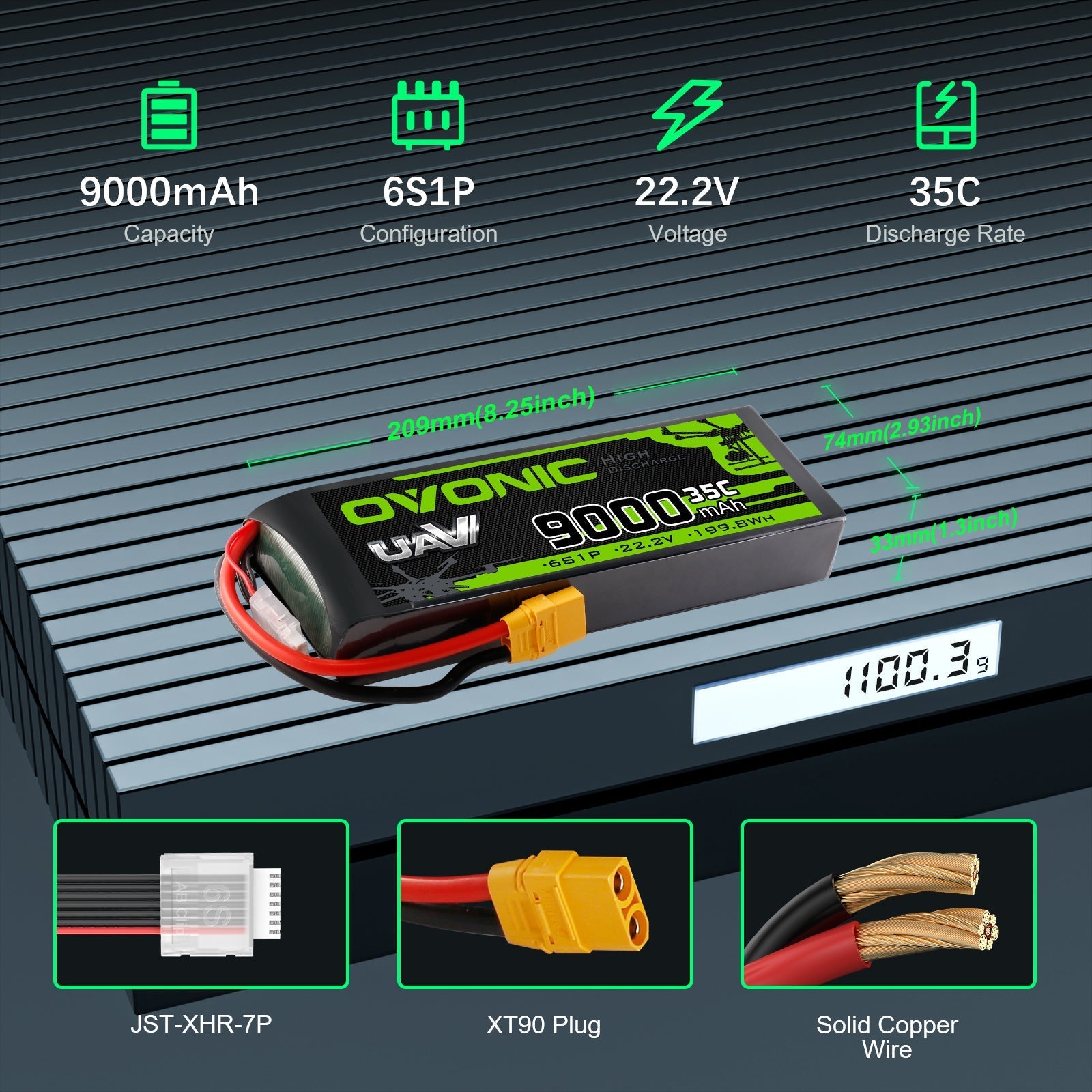 Battery specification graphic showing 9000mAh, 6S1P, 22.2V, 35C, dimensions, XT90 plug, and JST-XH 7P lead