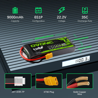Battery specification graphic showing 9000mAh, 6S1P, 22.2V, 35C, dimensions, XT90 plug, and JST-XH 7P lead