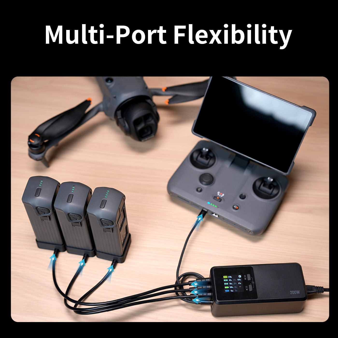 LKTOP 200W Battery Charging Hub for DJI Mavic 4 Pro, 3 Battery Ports + USB-C, 3 Modes, LCD Smart Charger