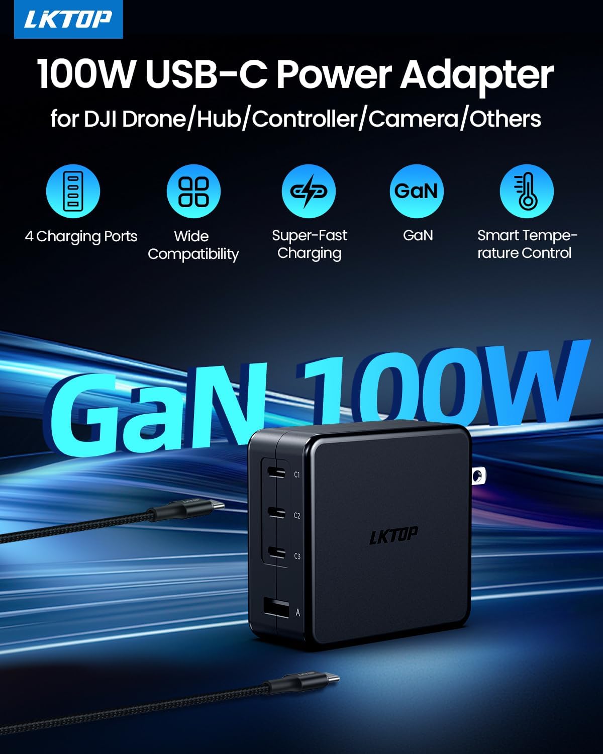 The LKTOP 100W GaN USB-C charger offers four ports, fast charging, wide compatibility, smart cooling, and a foldable plug for DJI devices and others.