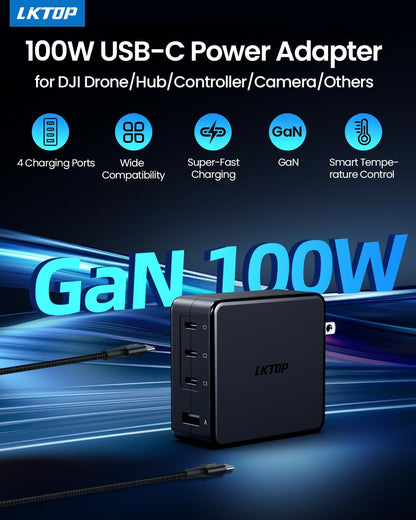 The LKTOP 100W GaN USB-C charger offers four ports, fast charging, wide compatibility, smart cooling, and a foldable plug for DJI devices and others.