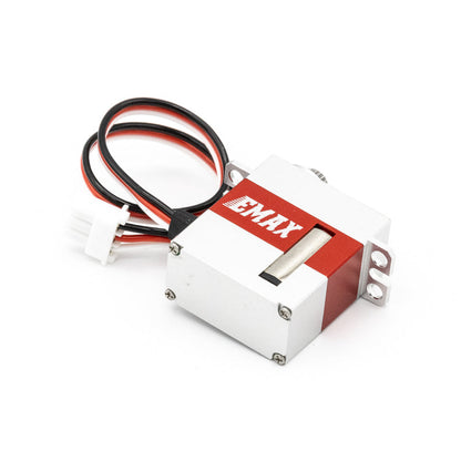 EMAX ES9256HV servo angled top view showing aluminum case, mounting tabs, and cable lead