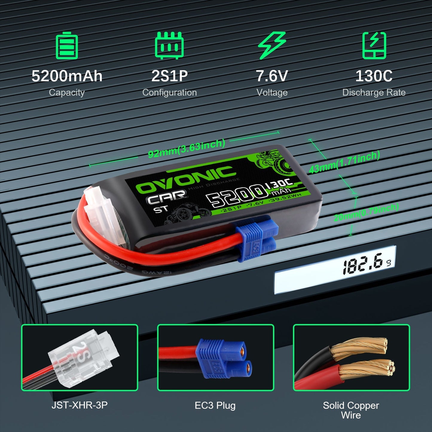 Battery size and specs graphic: 5200mAh 2S1P 7.6V 130C, 92×43×20mm, 182.6g, EC3 plug