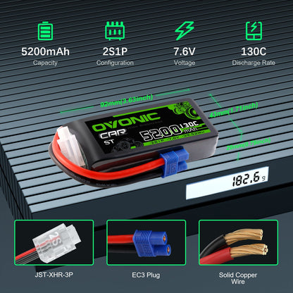 Battery size and specs graphic: 5200mAh 2S1P 7.6V 130C, 92×43×20mm, 182.6g, EC3 plug