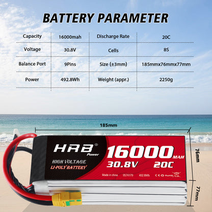 HRB 16000mAh 30.8V 8S LiPo battery parameter chart with size 185×76×77mm and 2250g weight