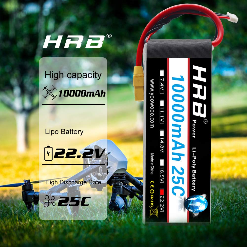 HRB 10000mAh 22.2V 25C LiPo battery shown upright in outdoor drone scene with capacity and discharge text