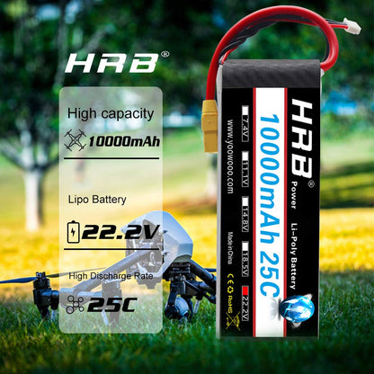 HRB 10000mAh 22.2V 25C LiPo battery shown upright in outdoor drone scene with capacity and discharge text