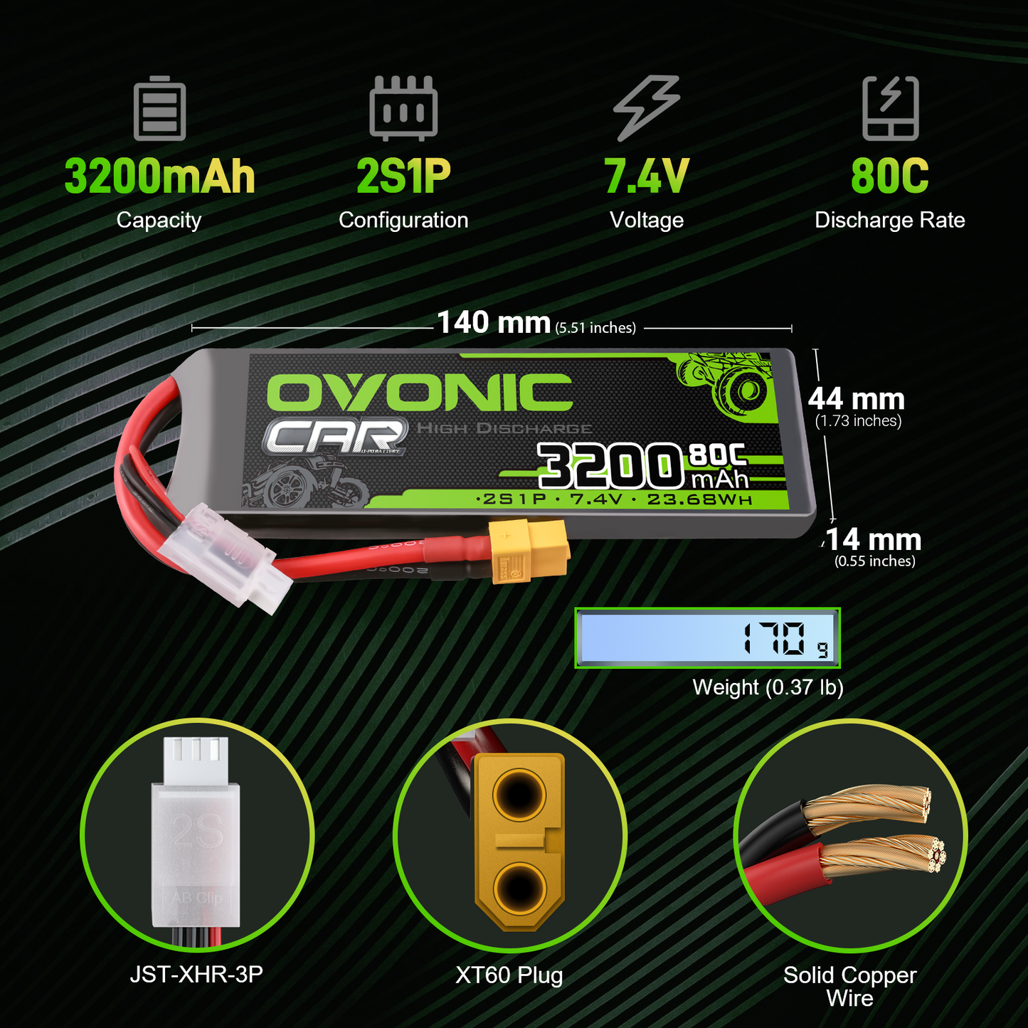 OVONIC 3200mAh 2S1P 7.4V LiPo dimensions and weight chart with XT60 and JST-XHR-3P plugs