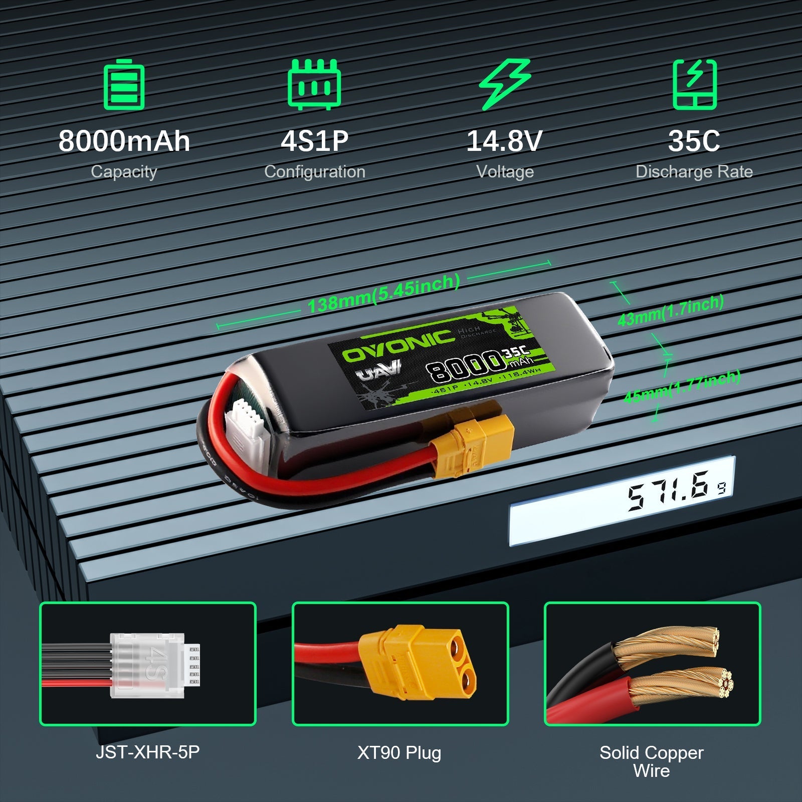 Ovonic 4S 8000mAh 14.8V LiPo specs graphic with dimensions, 35C rate, XT90 plug and JST-XHR-5P