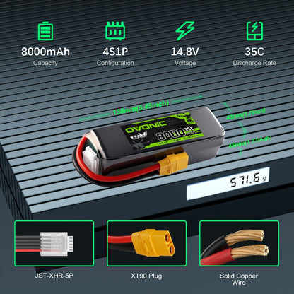 Ovonic 4S 8000mAh 14.8V LiPo specs graphic with dimensions, 35C rate, XT90 plug and JST-XHR-5P