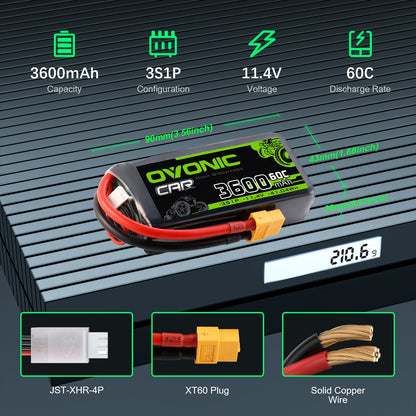 OVONIC 3600mAh 3S 11.4V 60C LiHV battery specs graphic with dimensions, weight, XT60 plug and JST-XHR-4P
