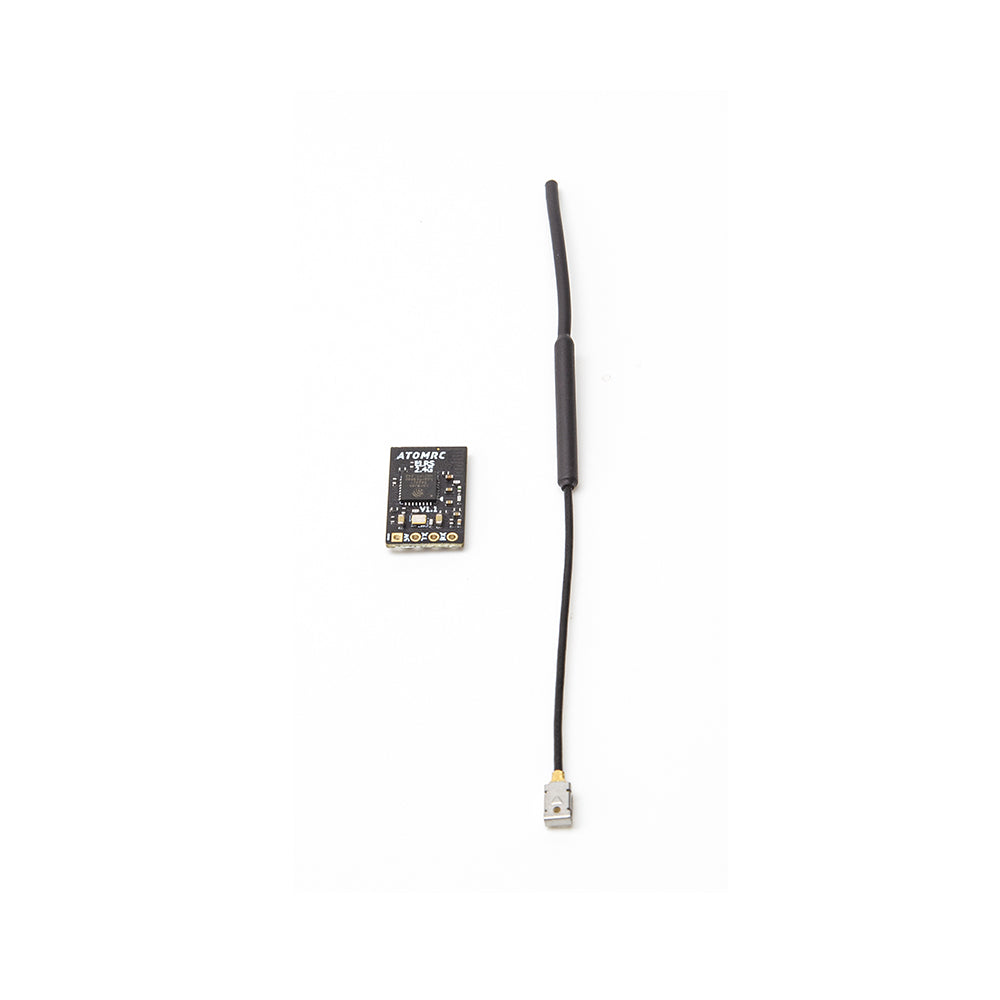 ATOMRC 2.4G ELRS FPV receiver with antenna lead and small coax connector, both shown separately