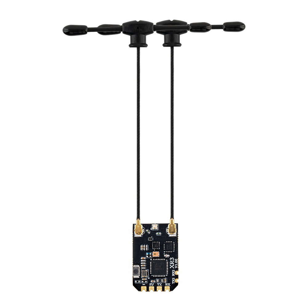 XR3 Nano receiver front view with two antenna leads and u.FL connectors