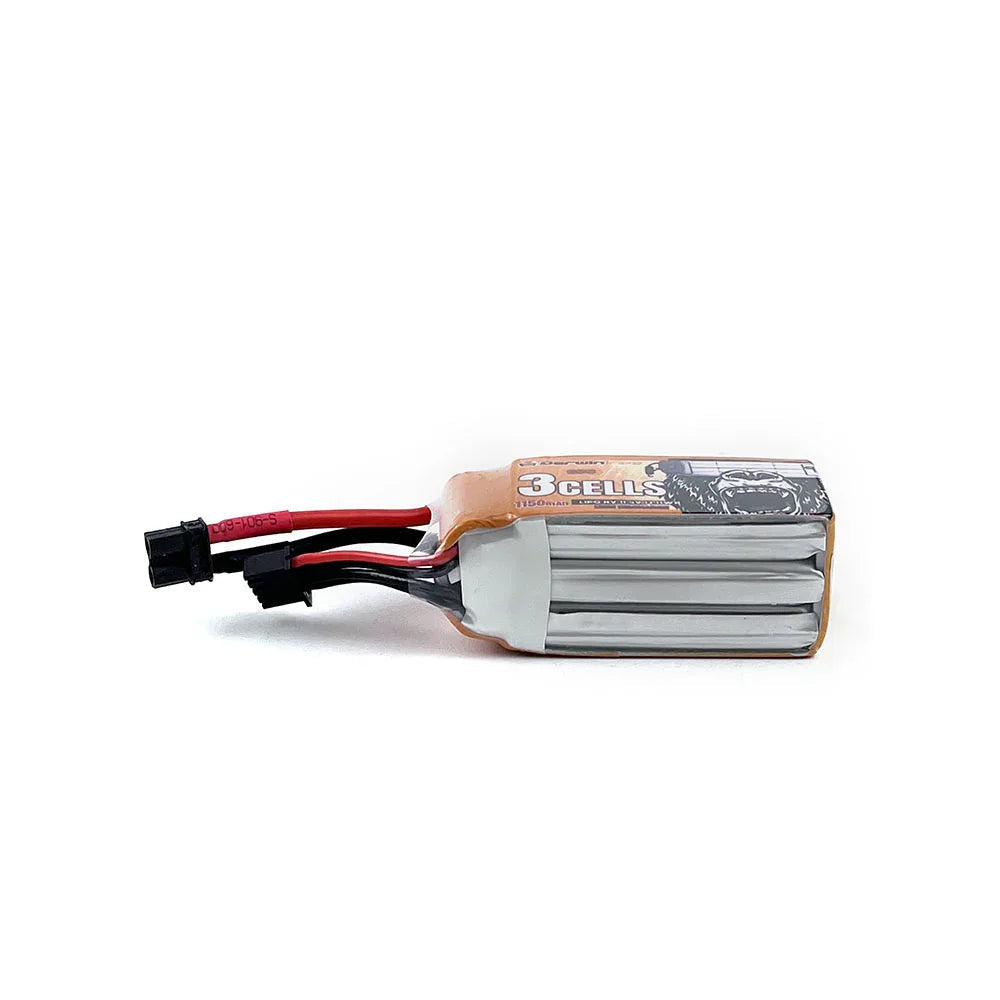 Side profile of 3-cell LiPo pack showing stacked cells and XT30 power lead plus balance plug