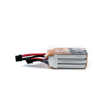 Side profile of 3-cell LiPo pack showing stacked cells and XT30 power lead plus balance plug