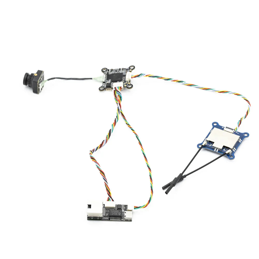 EMAX Wyvern Link OpenIPC FPV VTX kit layout with camera, interface boards, wiring harness, and antennas