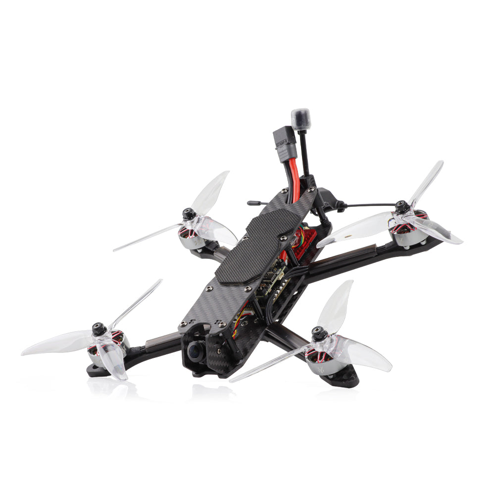 HGLRC MY5 5-inch FPV quadcopter angled view with carbon frame, FPV camera, antenna and 3-blade props