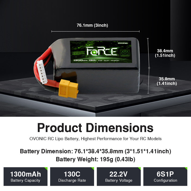 Ovonic Force 6S 1300mAh 130C 22.2V LiPo battery dimensions graphic with size and 195g weight