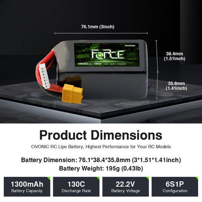 Ovonic Force 6S 1300mAh 130C 22.2V LiPo battery dimensions graphic with size and 195g weight
