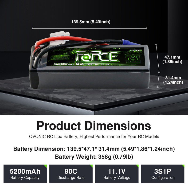 Ovonic Force 3S 5200mAh 80C hardcase LiPo battery dimensions 139.5×47.1×31.4mm and 358g weight
