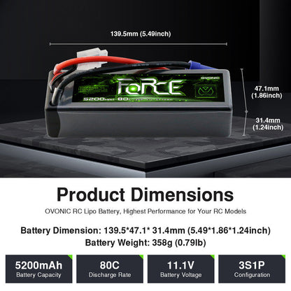 Ovonic Force 3S 5200mAh 80C hardcase LiPo battery dimensions 139.5×47.1×31.4mm and 358g weight