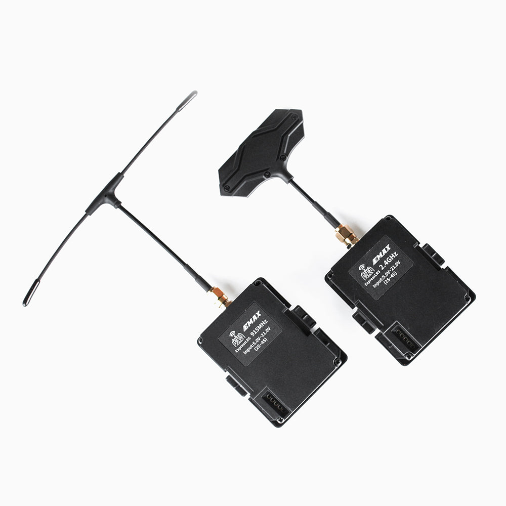 Aeris Link Micro ELRS modules back view with label and two antenna styles (T-antenna and paddle)