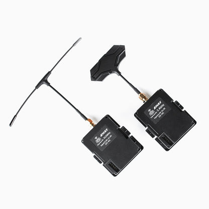 Aeris Link Micro ELRS modules back view with label and two antenna styles (T-antenna and paddle)