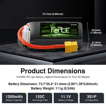 Ovonic Force 3S 1300mAh 120C 11.1V LiPo battery dimensions 73.7×35.2×21.4mm and 111g