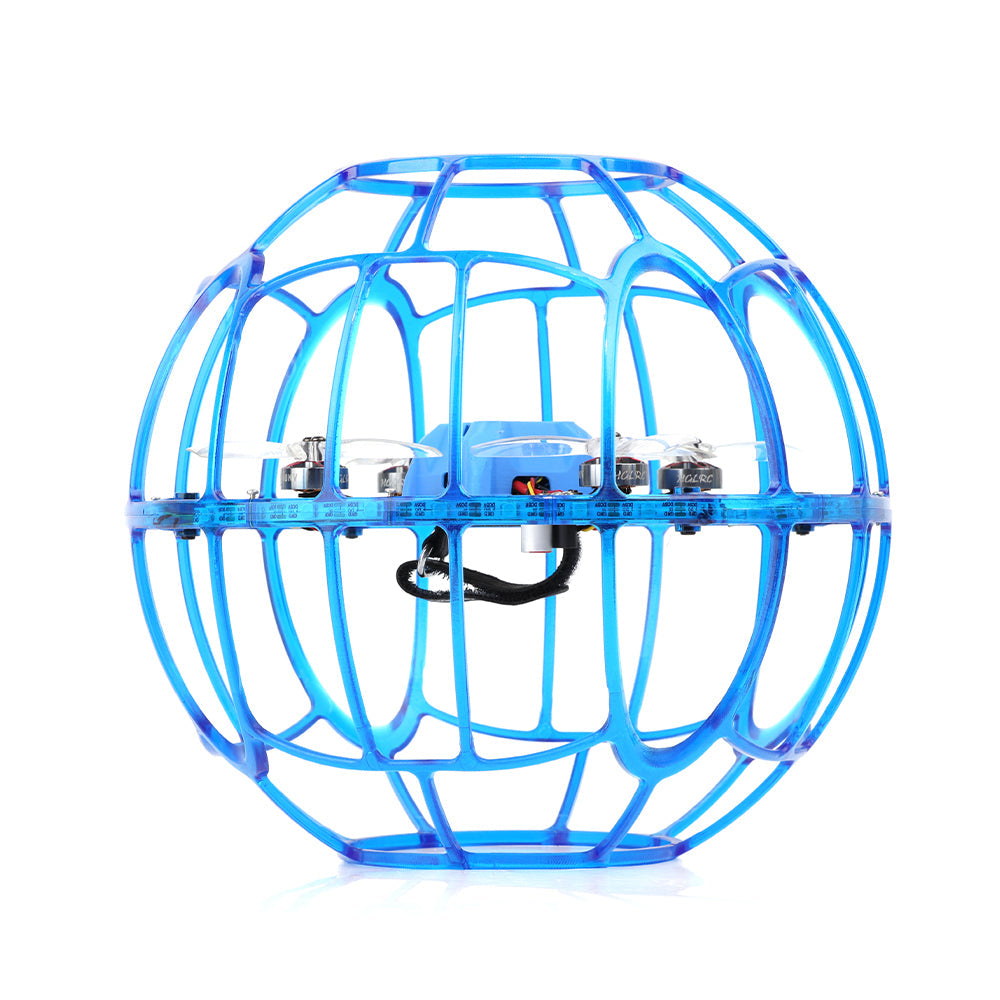 HGLRC D200 Soccer Drone in blue protective cage, side profile showing internal quad frame