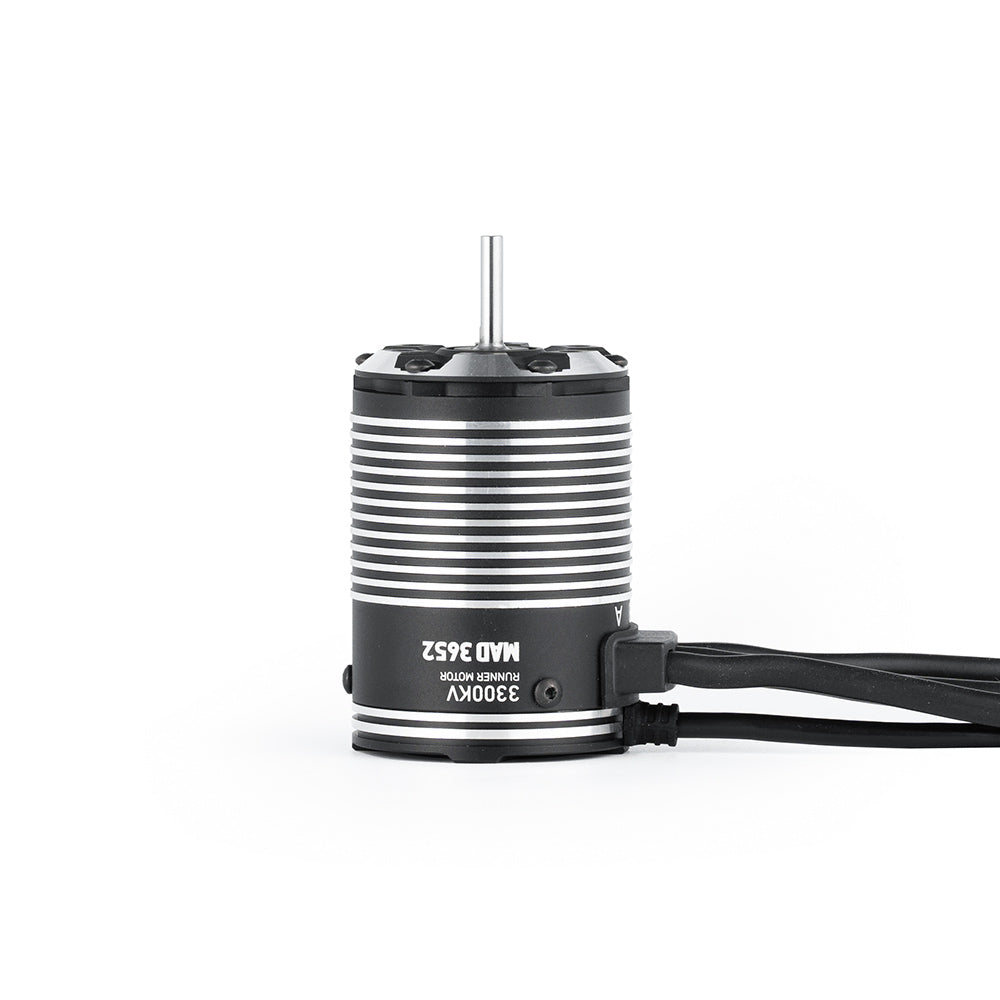 MAD Runner 3652 sensored brushless motor with finned black can, 3300KV label, shaft and sensor lead attached