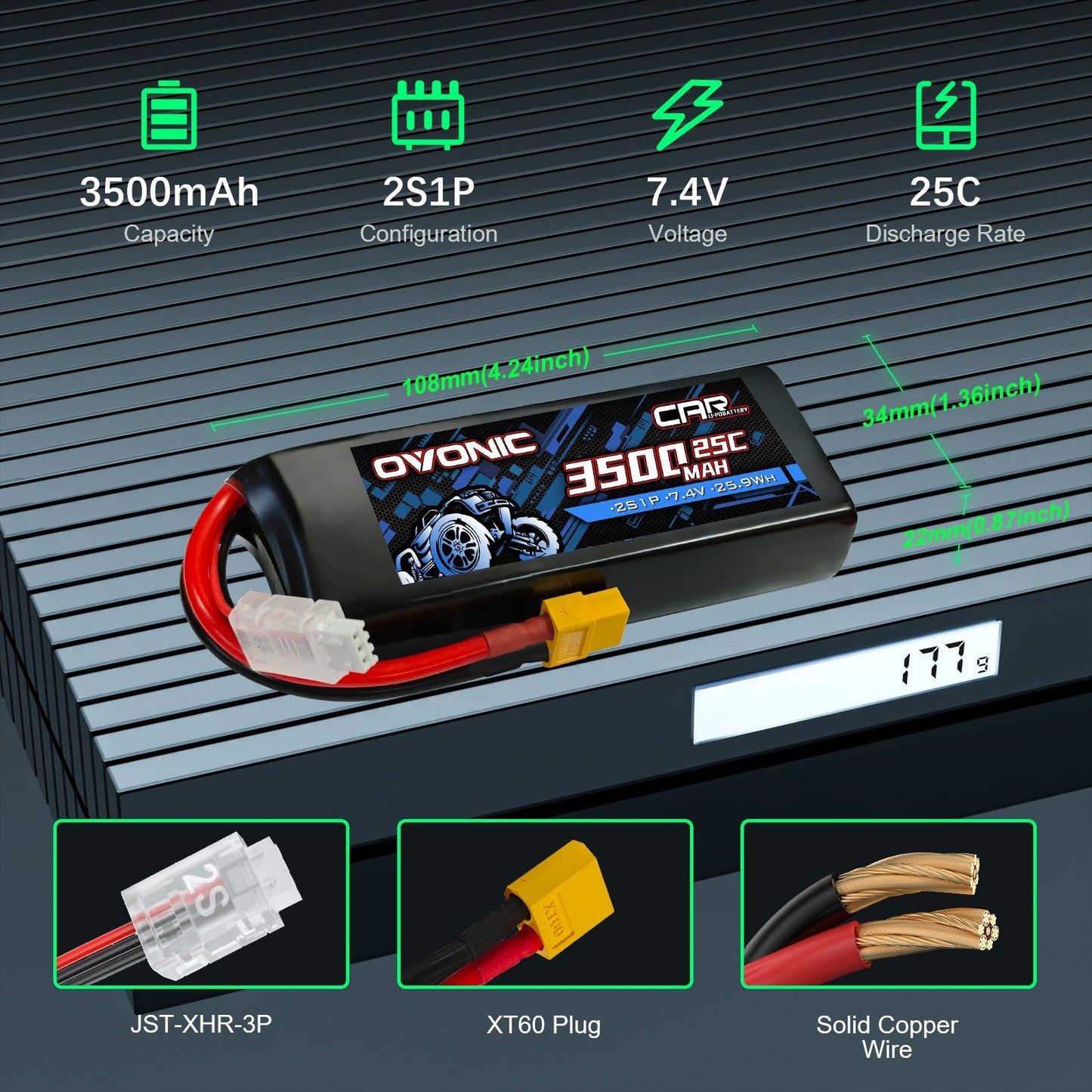 7.4V 3500mAh 2S1P 25C LiPo battery size and connectors diagram, XT60 plug and JST-XHR-3P