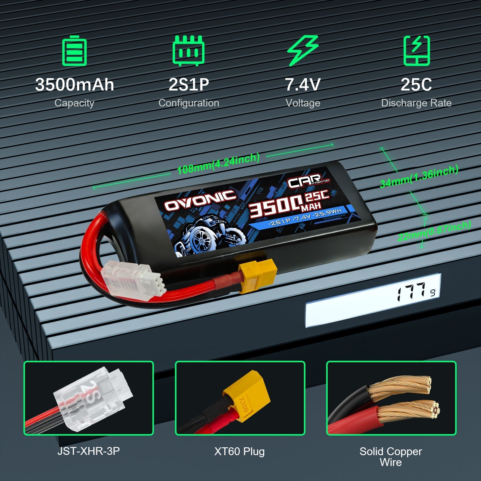 7.4V 3500mAh 2S1P 25C LiPo battery size and connectors diagram, XT60 plug and JST-XHR-3P