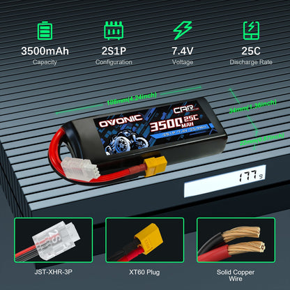 7.4V 3500mAh 2S1P 25C LiPo battery size and connectors diagram, XT60 plug and JST-XHR-3P