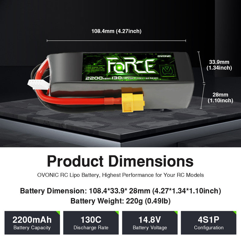 Ovonic Force 4S 2200mAh 130C 14.8V LiPo battery dimensions 108.4×33.9×28mm and 220g weight