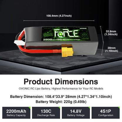 Ovonic Force 4S 2200mAh 130C 14.8V LiPo battery dimensions 108.4×33.9×28mm and 220g weight