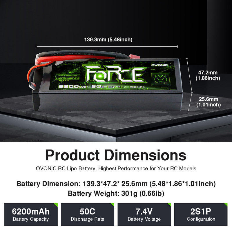 Ovonic Force 2S 6200mAh hardcase LiPo battery dimensions 139.3×47.2×25.6mm, 301g