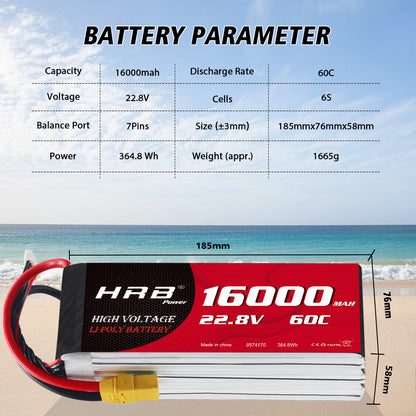 Battery parameter chart for HRB 6S 22.8V 16000mAh 60C LiPo battery with size and weight listed