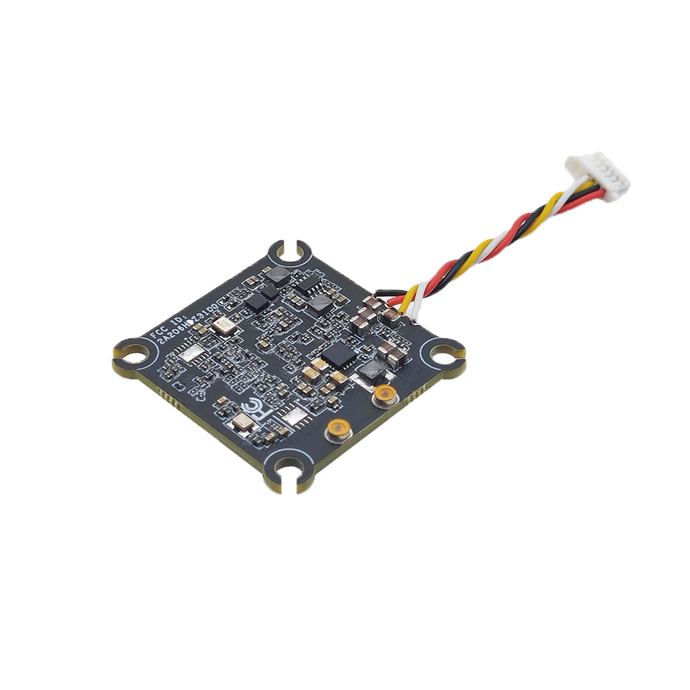 Whoop V2 VTX board close-up with mounted components, four corner mounting holes and power/plug lead