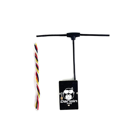 Rear view of DarwinFPV ELRS 2.4G receiver showing DarwinFPV logo case and T-antenna, wiring lead beside