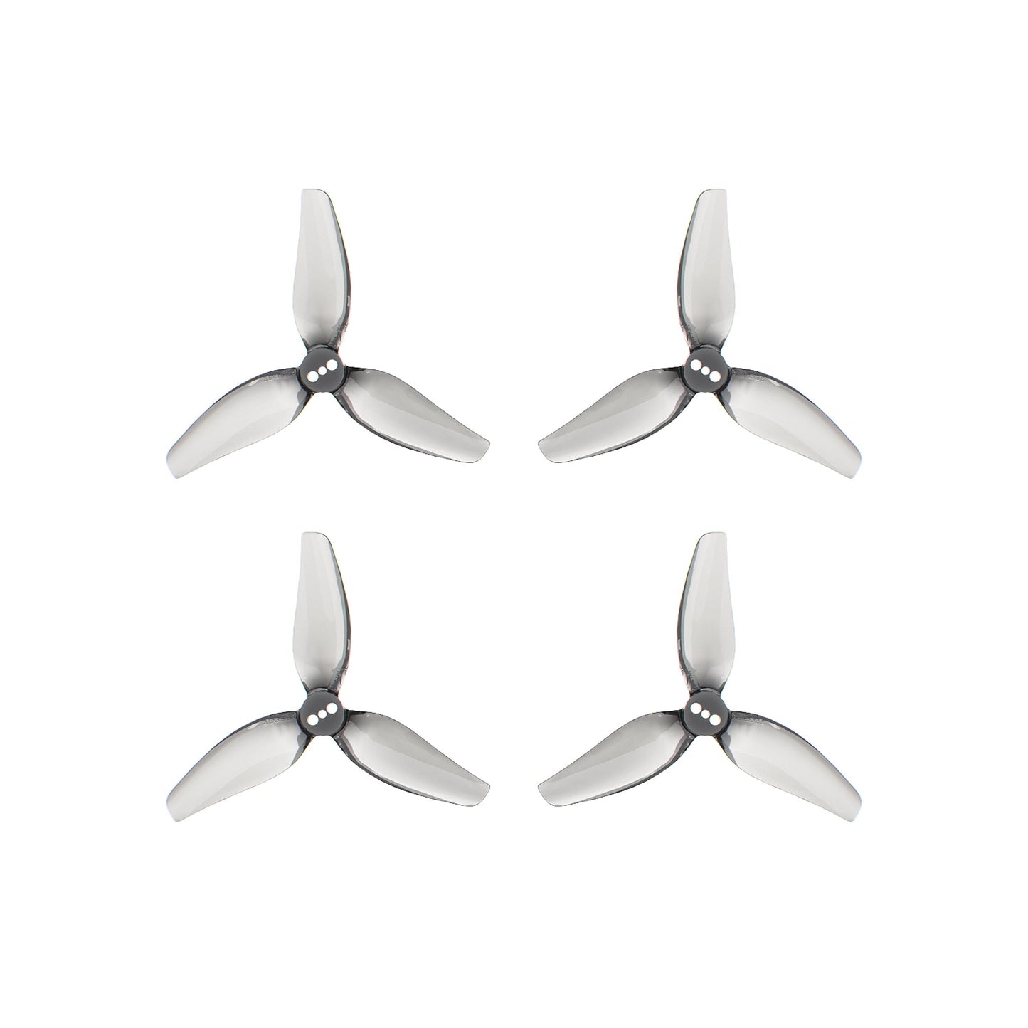 Set of four gray tri-blade drone propellers (2 CW and 2 CCW) arranged in a grid