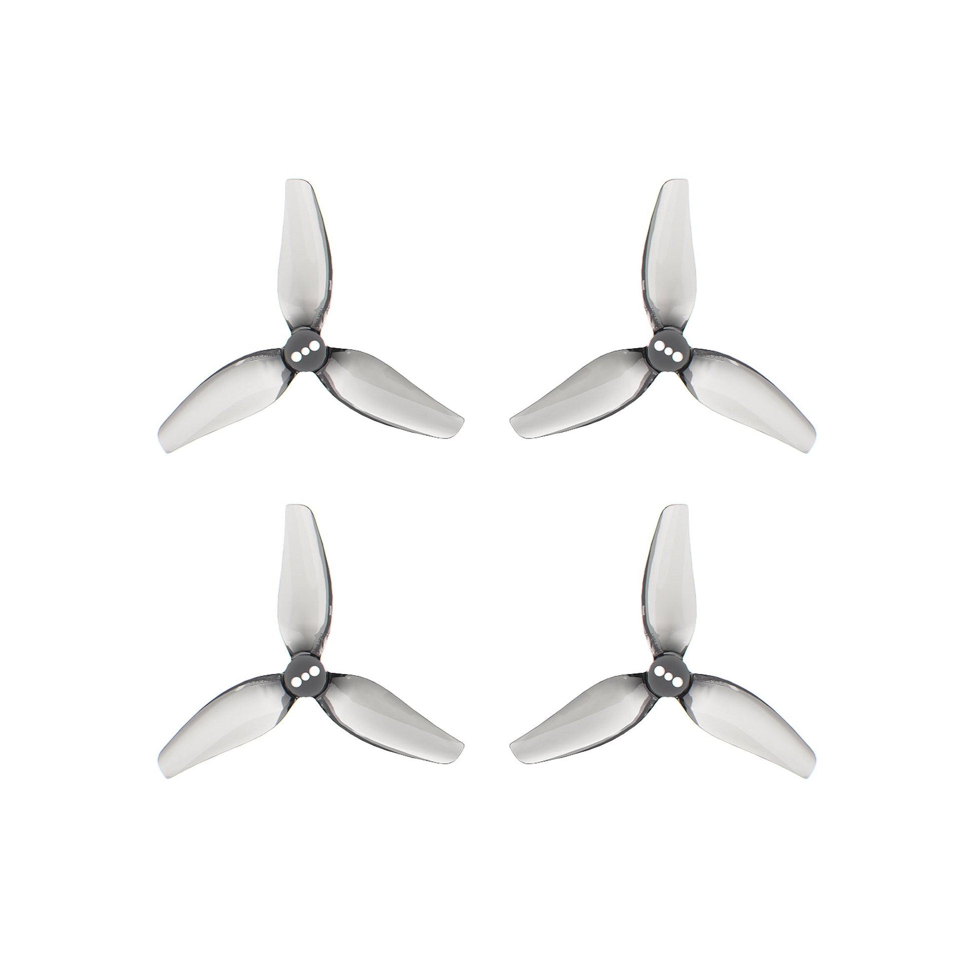 Set of four gray tri-blade drone propellers (2 CW and 2 CCW) arranged in a grid