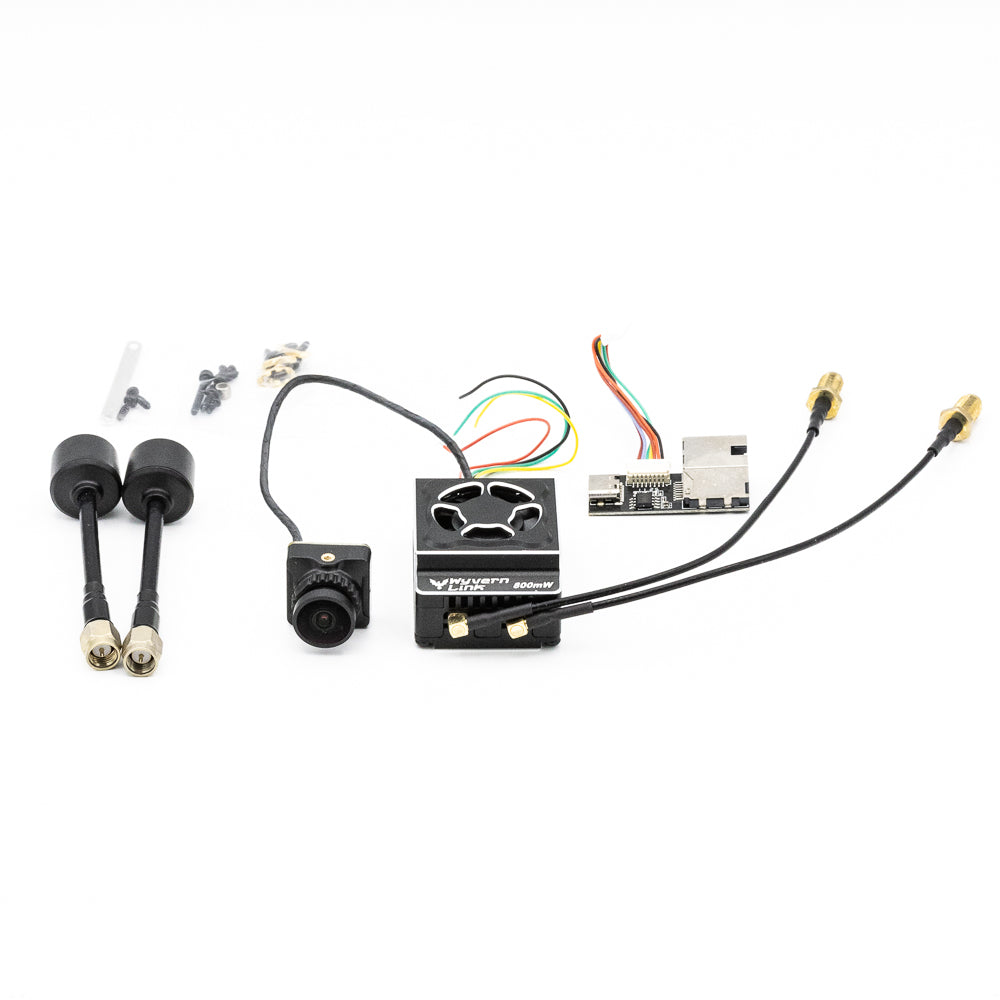 EMAX OpenIPC Wyvern Link Alpha 800mW VTX package contents with camera, antennas, cables, and interface board