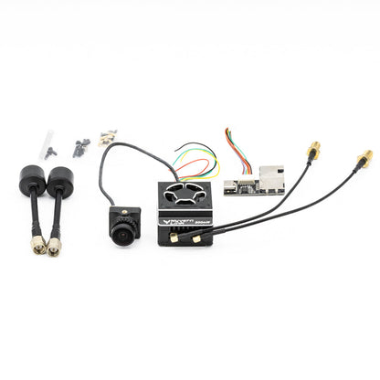 EMAX OpenIPC Wyvern Link Alpha 800mW VTX package contents with camera, antennas, cables, and interface board