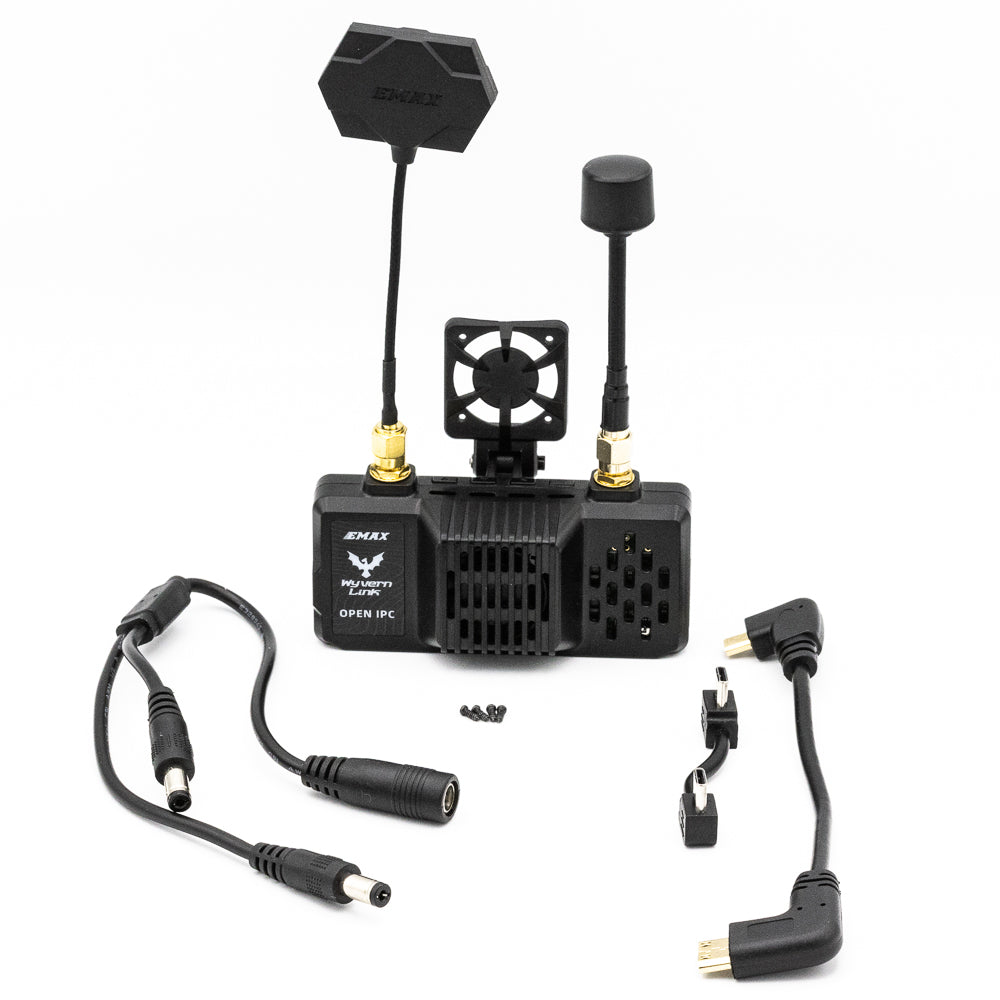 EMAX OpenIPC Wyvern Link Goggle VRX kit with antennas, power lead, adapters, mounting clips, and screws