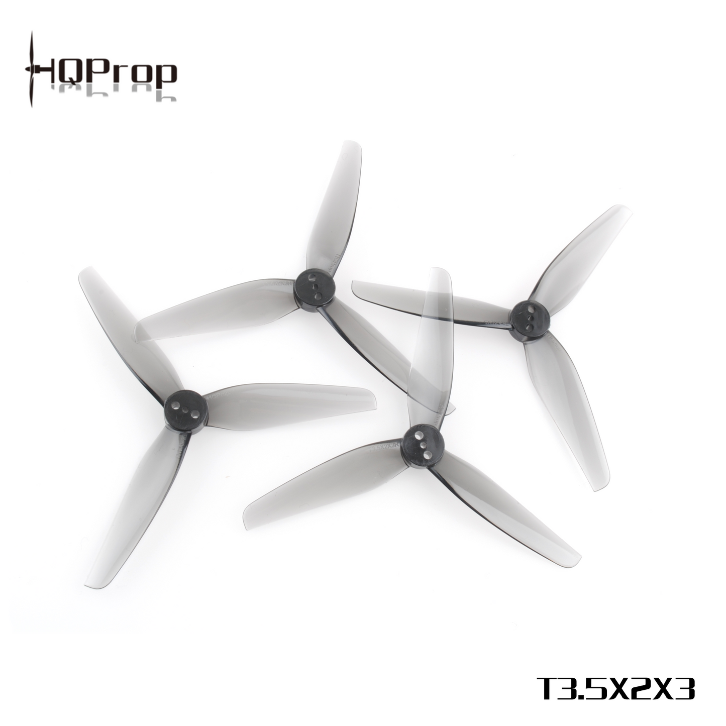 HQProp T3.5X2X3 grey propeller set, 4 tri-blade props (2CW + 2CCW) shown with branding