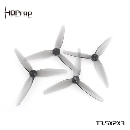 HQProp T3.5X2X3 grey propeller set, 4 tri-blade props (2CW + 2CCW) shown with branding