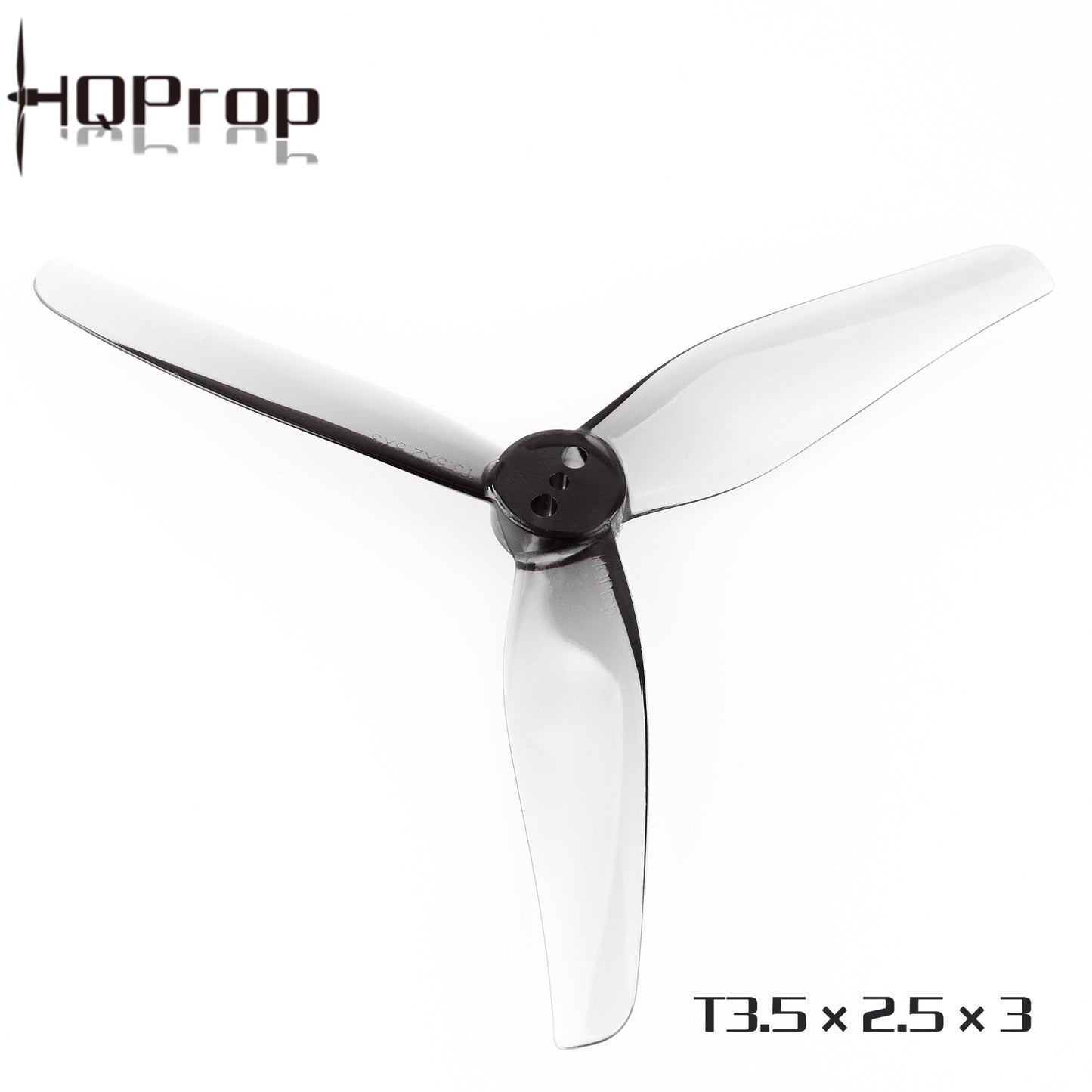 HQProp T3.5x2.5x3 smoke gray 3-blade FPV propeller with model text overlay